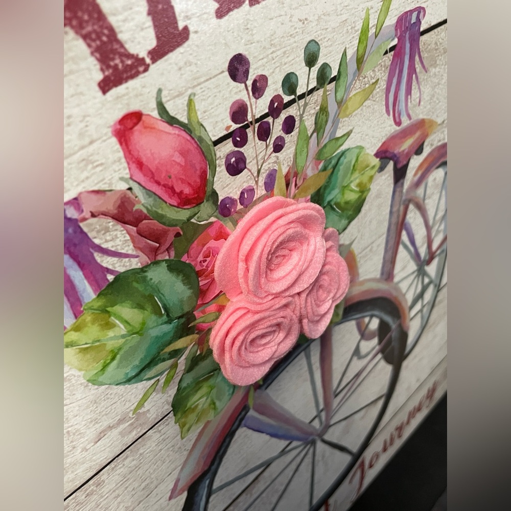 Make Life a Great Journey bike painting by Hanna’s Handiworks w/ pink felt roses - Picture 8 of 9